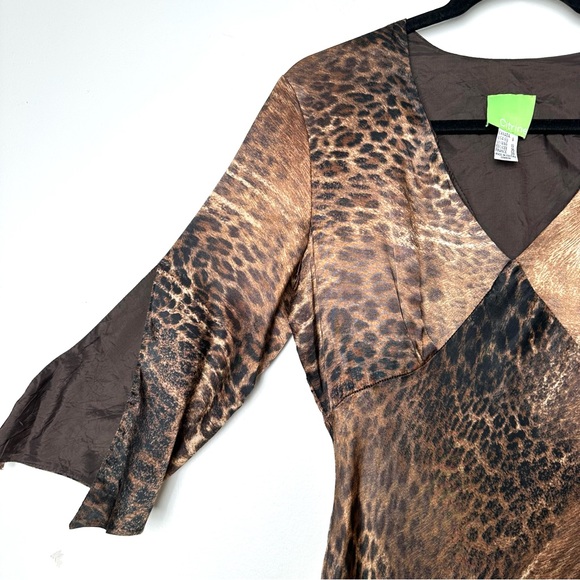 Boho Y2K Leopard Print Bias Cut Split Sleeve Asymmetrical Dress V-Neck Satin - Picture 4 of 12